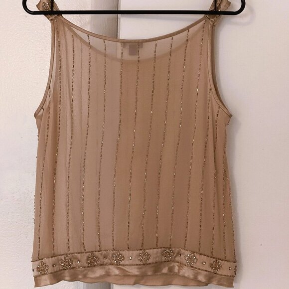 FLAPPER--STYLE ANN TAYLOR BEIGE BEADED SLEAVELESS 20s-STYLE TOP, POLY, MED. - Picture 2 of 3